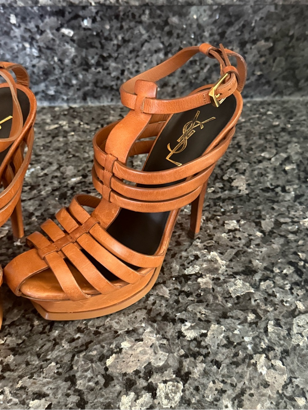 Saint Laurent Cognac Leather Strappy Platform Heels - Picture 4 of 7